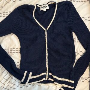 Rouje Deep Blue V-Neck Sweater with Cream Trim